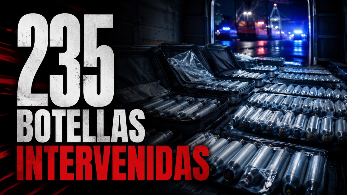 Composición gráfica sobre la intervención de 235 botellas de óxido nitroso en Melilla