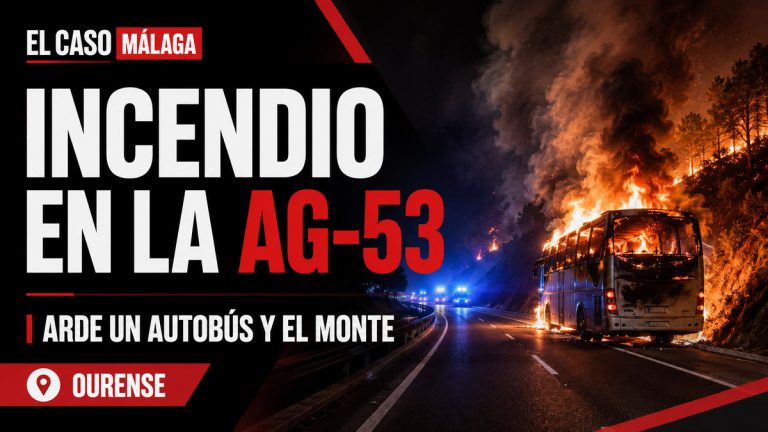 Composición gráfica sobre el incendio de un autobús propagado al monte en Ourense