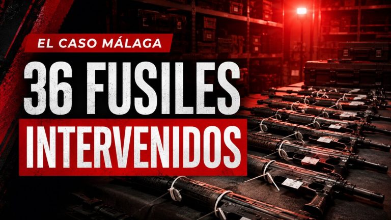 Composición gráfica sobre cuatro detenidos y 36 fusiles intervenidos en Málaga