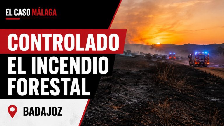 Composición gráfica sobre un incendio forestal controlado a las afueras de Badajoz