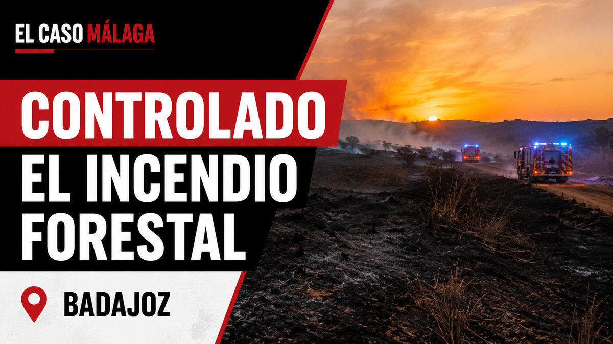 Composición gráfica sobre un incendio forestal controlado a las afueras de Badajoz