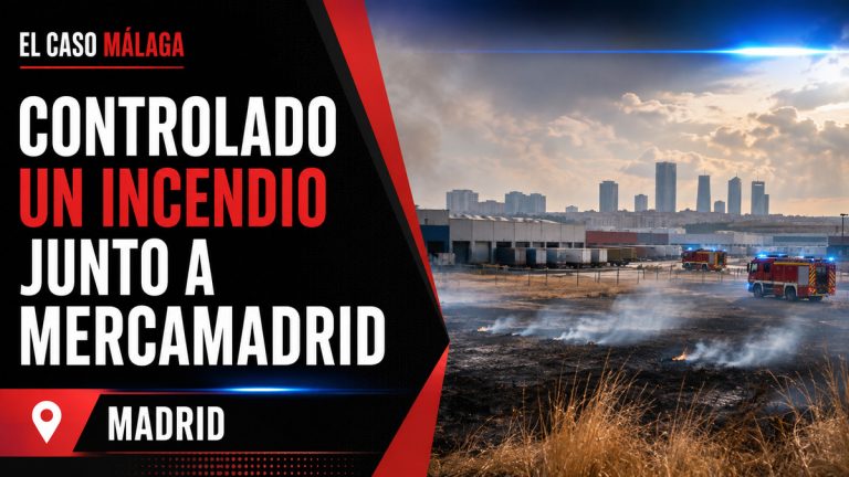Composición gráfica sobre un incendio de pastos controlado junto a Mercamadrid