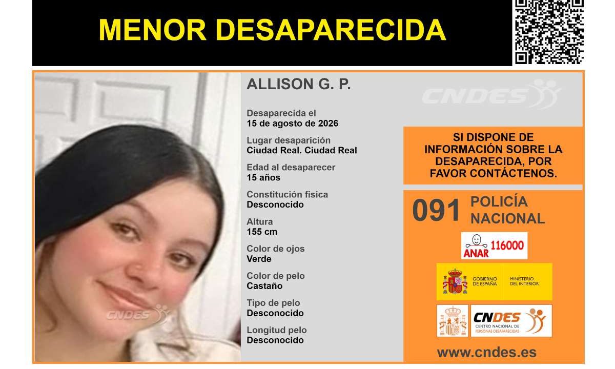 Fotografía y alerta de Allison G. P., desaparecida en Ciudad Real