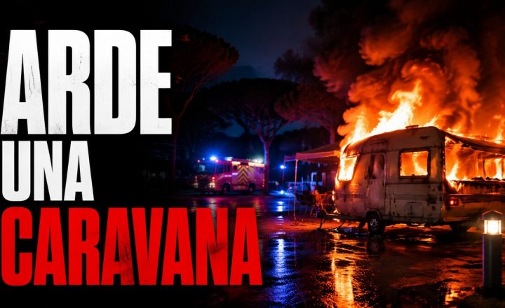 Composición gráfica respetuosa sobre el incendio de una caravana en Punta Umbría