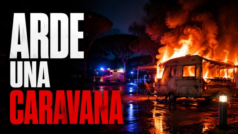 Composición gráfica respetuosa sobre el incendio de una caravana en Punta Umbría
