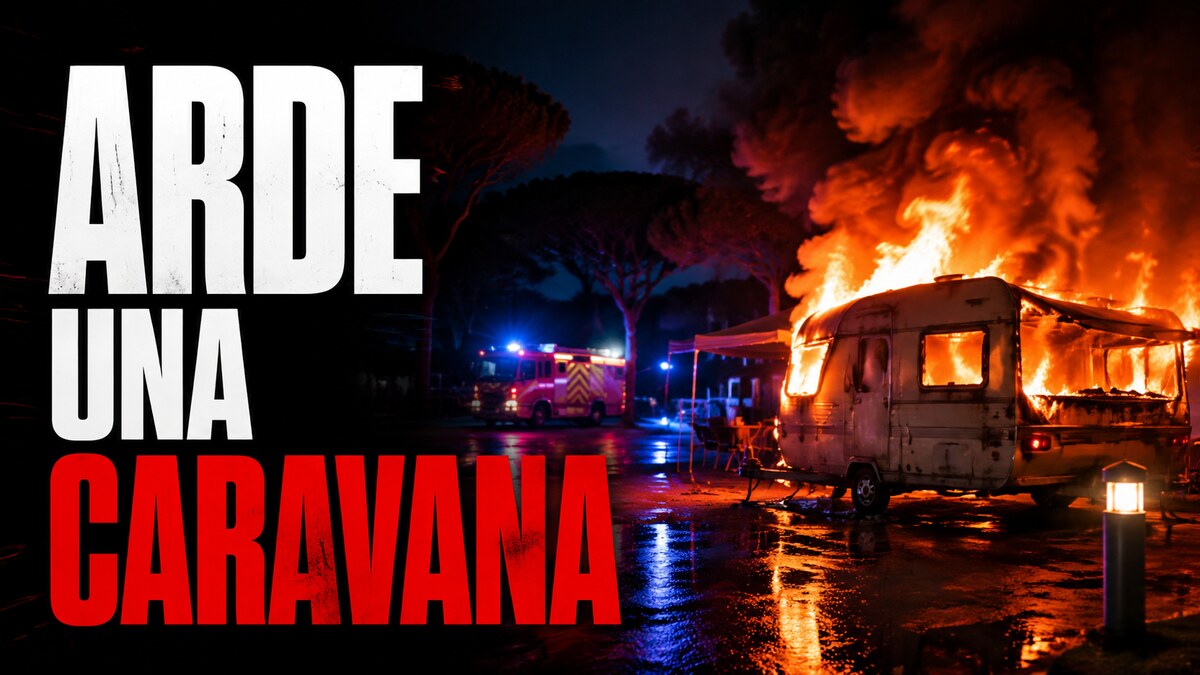 Composición gráfica respetuosa sobre el incendio de una caravana en Punta Umbría