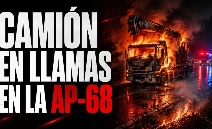 Composición gráfica sobre el incendio de un camión grúa en la AP-68
