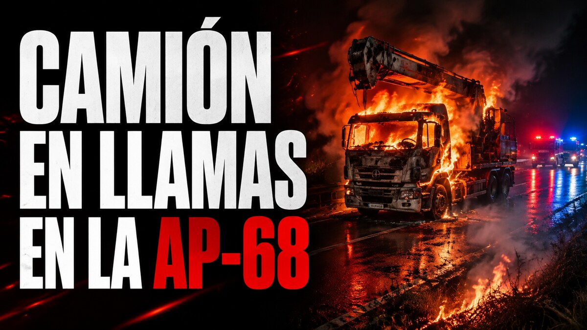 Composición gráfica sobre el incendio de un camión grúa en la AP-68