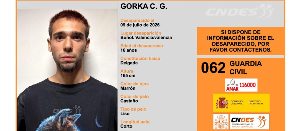 Alerta de búsqueda de Gorka, desaparecido en Buñol