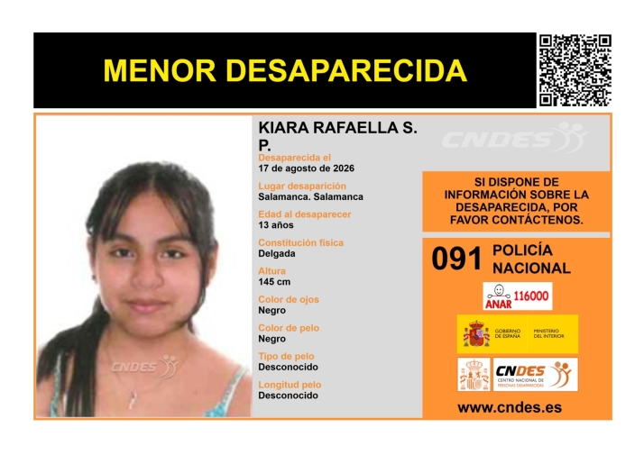 Kiara Rafaella S.P., menor desaparecida en Salamanca desde el 17 de agosto de 2026