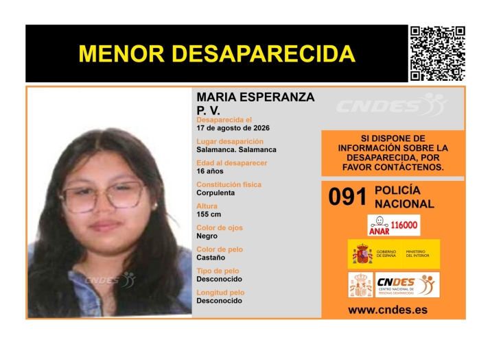María Esperanza P.V., menor desaparecida en Salamanca desde el 17 de agosto de 2026