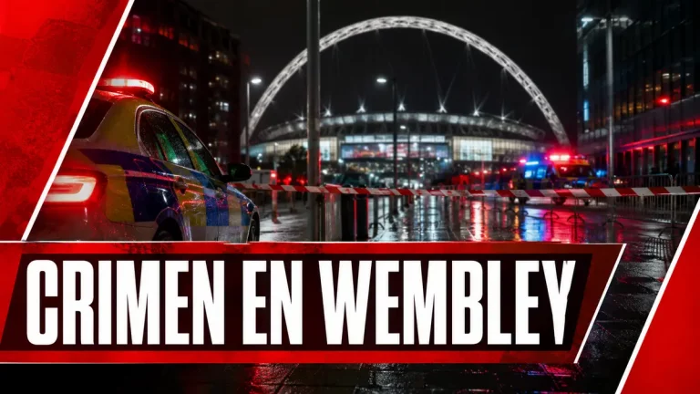 Composición editorial de El Caso Málaga sobre la investigación de un homicidio en Wembley; no corresponde a la escena real ni muestra a la víctima o al acusado.