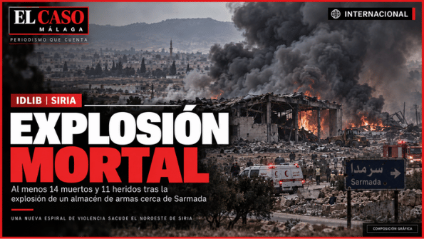 Portada editorial final de El Caso Málaga sobre la explosión mortal en Idlib, Siria. Composición gráfica.