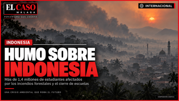 Portada editorial final de El Caso Málaga sobre los incendios forestales y la contaminación por humo en Indonesia. Composición gráfica.