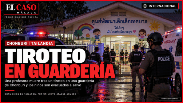 Portada editorial final de El Caso Málaga sobre el tiroteo en una guardería de Chonburi, Tailandia. Composición gráfica.