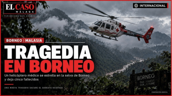 Portada editorial final de El Caso Málaga sobre el accidente de un helicóptero médico en Borneo, Malasia. Composición gráfica.