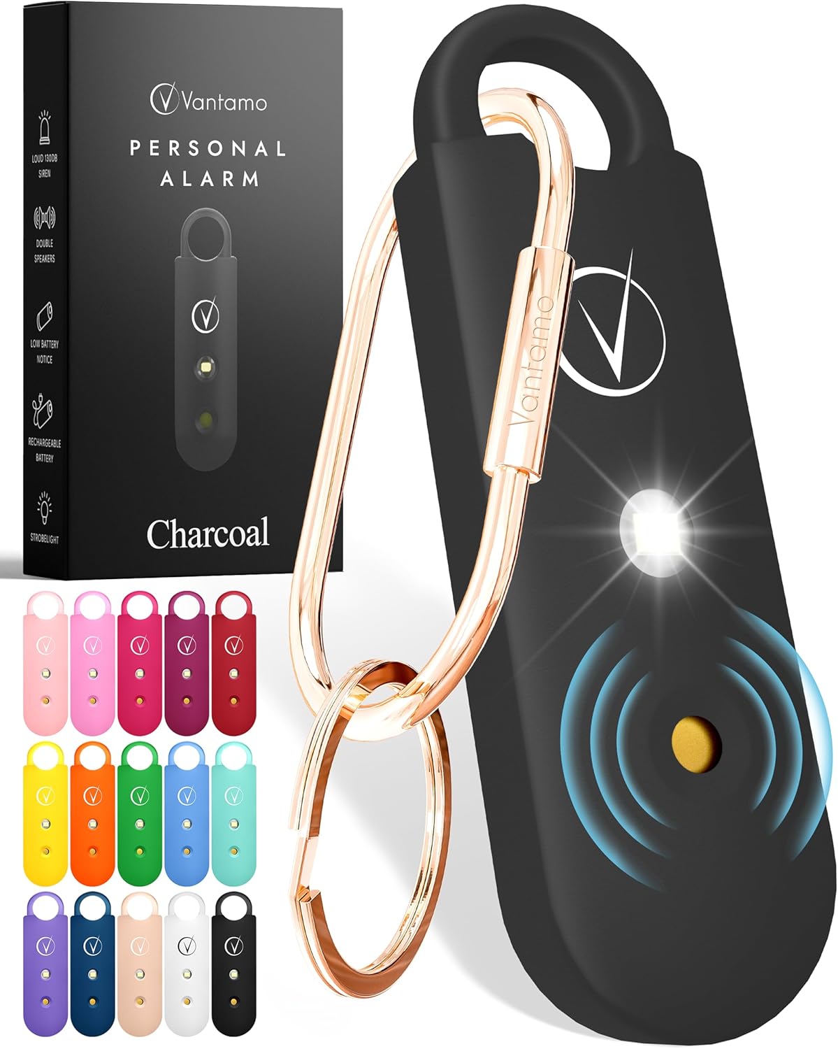 Alarma personal Vantamo 130 dB con doble altavoz y luz estroboscópica