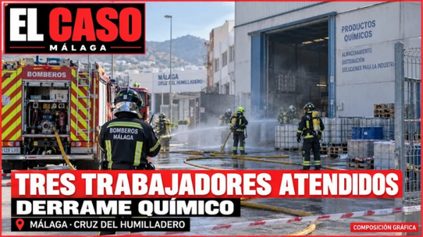 Portada editorial de El Caso Málaga sobre el derrame de agua oxigenada en una nave de Cruz del Humilladero. Composición gráfica.