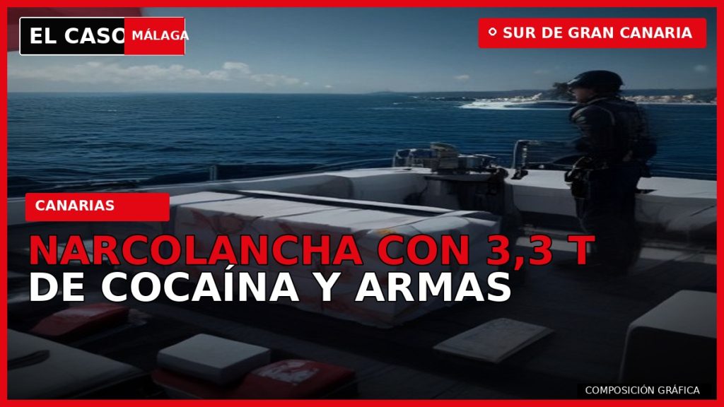 NARCOLANCHA CON 3,3 TONELADAS DE COCAÍNA Y ARMAS al sur de Gran Canaria — composición gráfica de El Caso Málaga