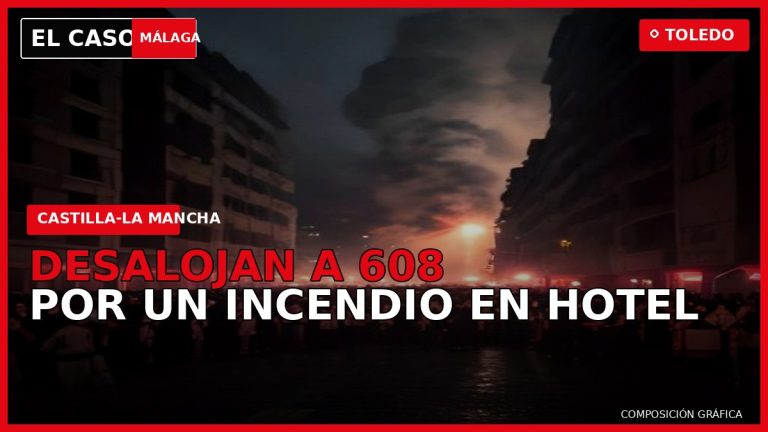 DESALOJAN A 608 POR UN INCENDIO EN HOTEL en Toledo — composición gráfica de El Caso Málaga