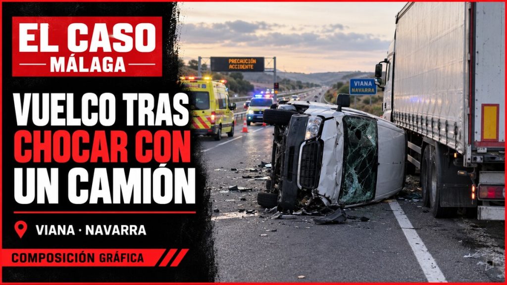 Portada EL CASO MÁLAGA sobre una furgoneta volcada tras chocar con un camión en Viana