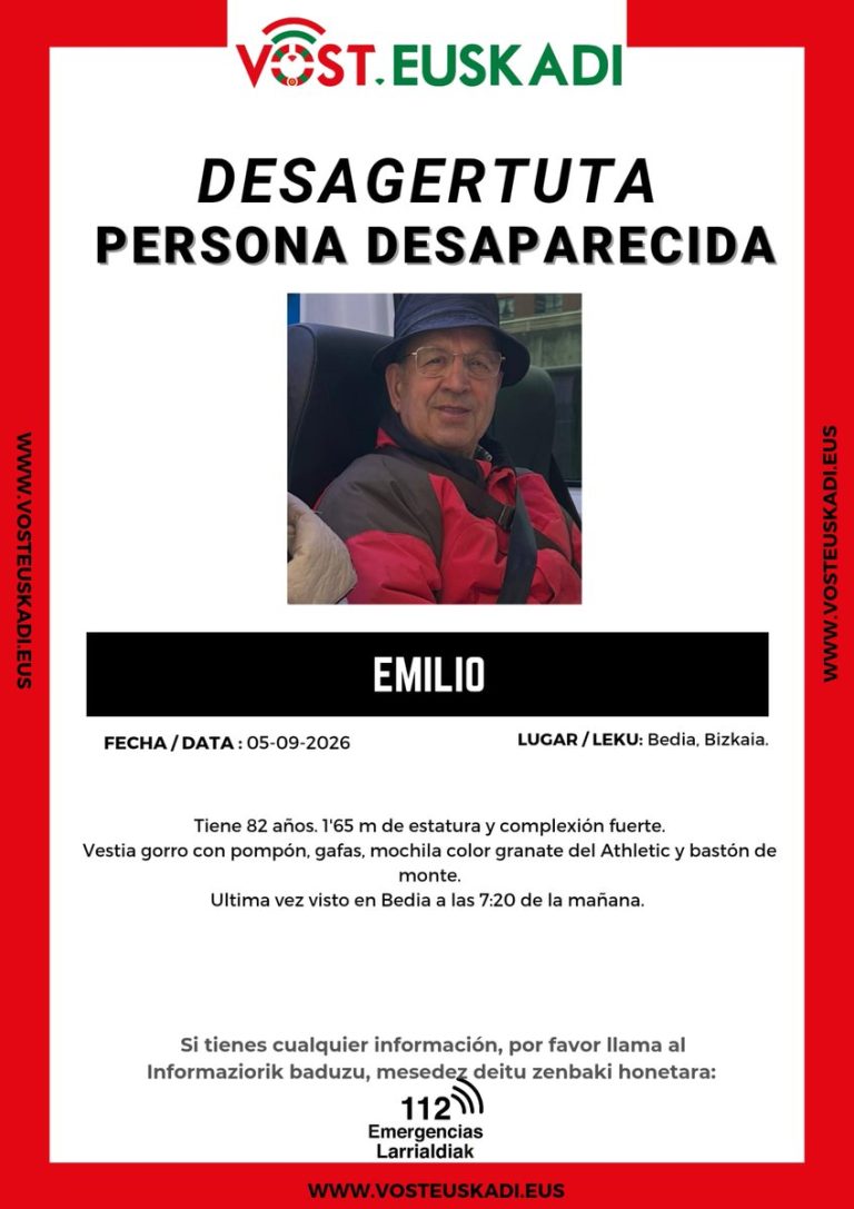Cartel de búsqueda de Emilio, de 82 años, desaparecido en Bedia (Bizkaia) el 5 de septiembre de 2026
