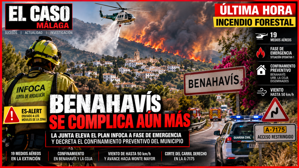 Portada EL CASO MÁLAGA sobre el incendio de Benahavís con 19 medios aéreos, confinamiento preventivo y fuertes rachas de viento