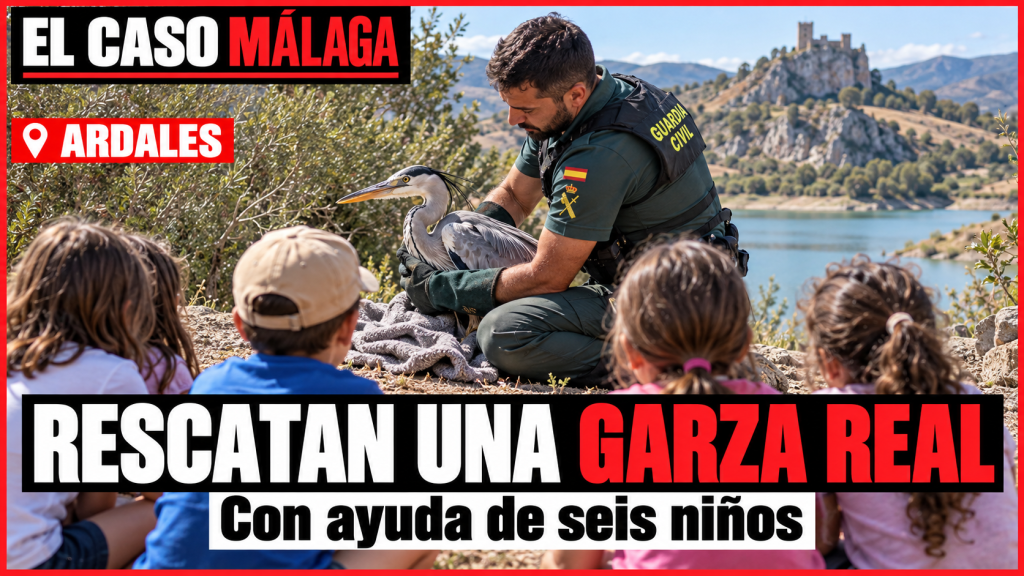 Portada de El Caso Málaga sobre seis niños de Ardales activan el rescate de una garza real que no podía volar