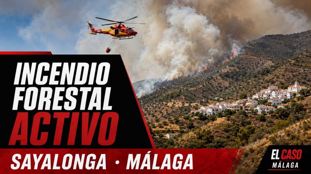 Incendio forestal activo en Sayalonga, Málaga, con medios aéreos del INFOCA
