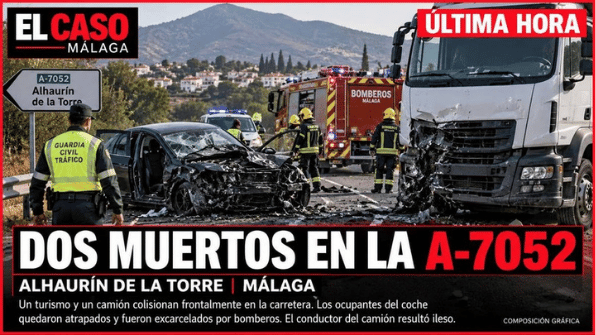 Portada editorial de El Caso Málaga sobre el accidente mortal entre un turismo y un camión en la A-7052, Alhaurín de la Torre. Composición gráfica.