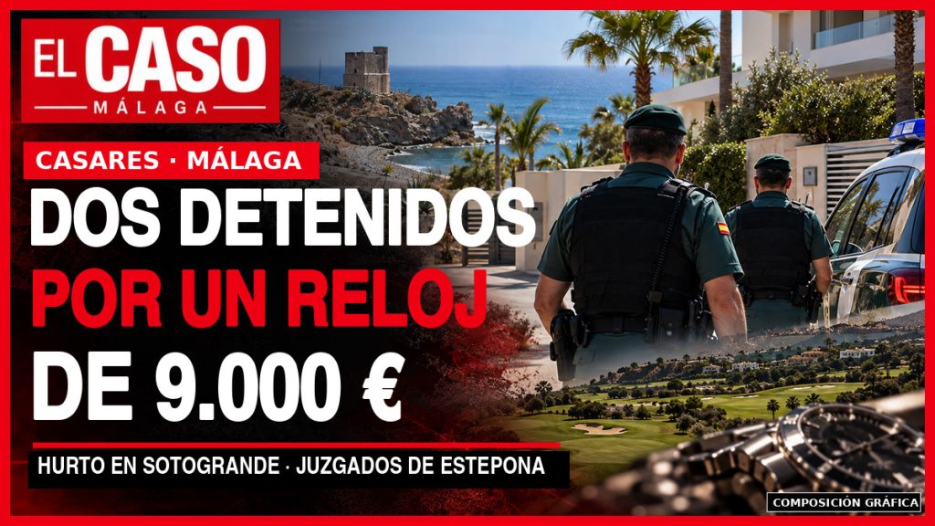 Portada editorial de El Caso Málaga sobre dos detenciones en Casares; composición gráfica ilustrativa