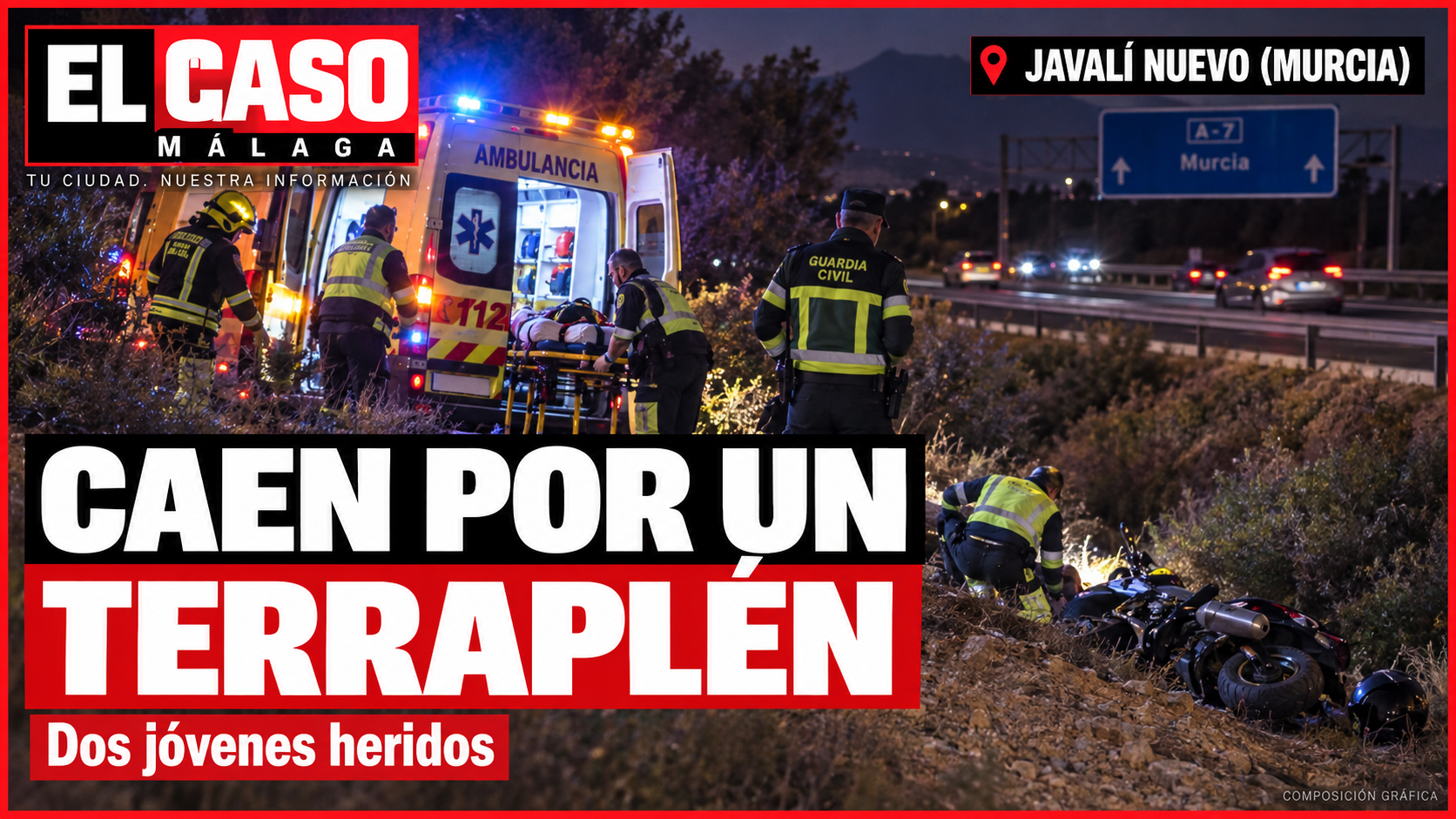 Dos jóvenes heridos al caer con una motocicleta por un terraplén junto a la A-7 en Javalí Nuevo