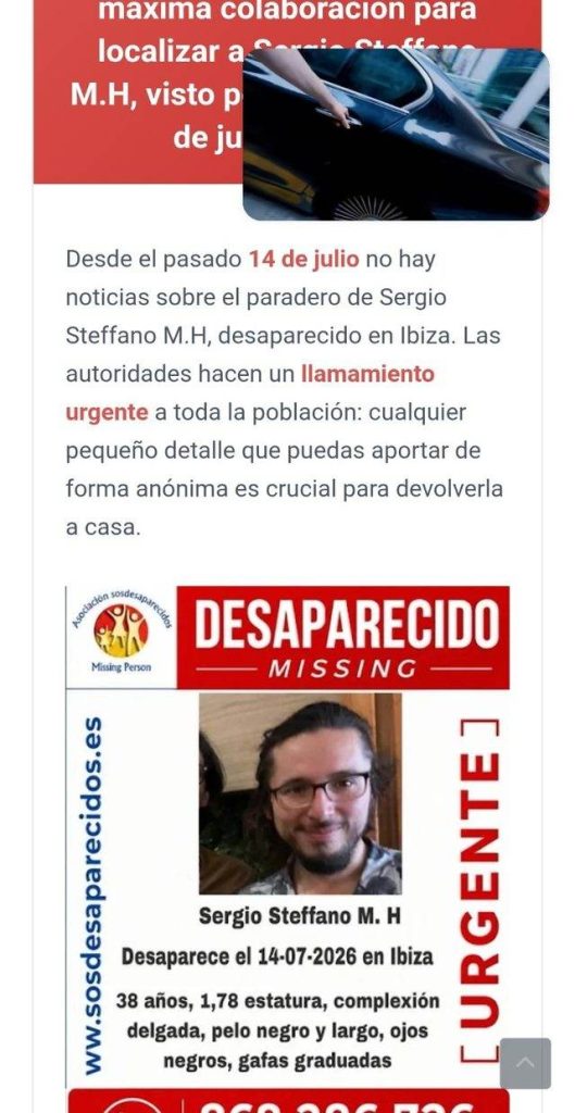 Cartel de SOS Desaparecidos de Sergio Steffano M. H., desaparecido en Ibiza