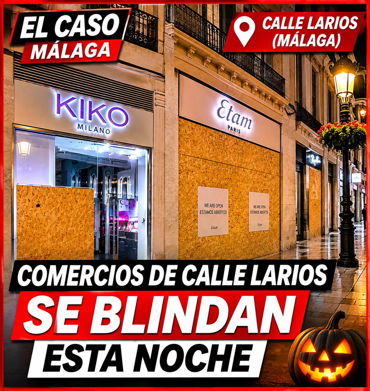 Comercios de calle Larios protegidos con tablones ante las amenazas de saqueos investigadas por la Policía. Pulsa para ver el vídeo en Instagram.