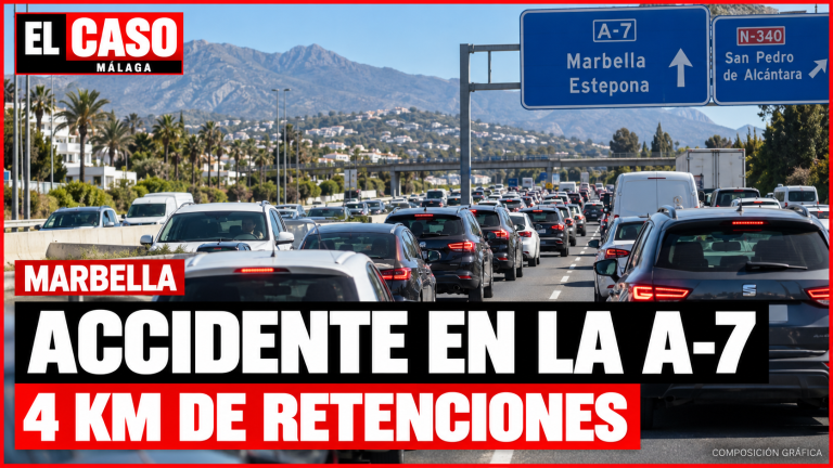 Portada editorial EL CASO MÁLAGA: accidente en la A-7 a la altura de Marbella y cuatro kilómetros de retenciones. Composición gráfica.