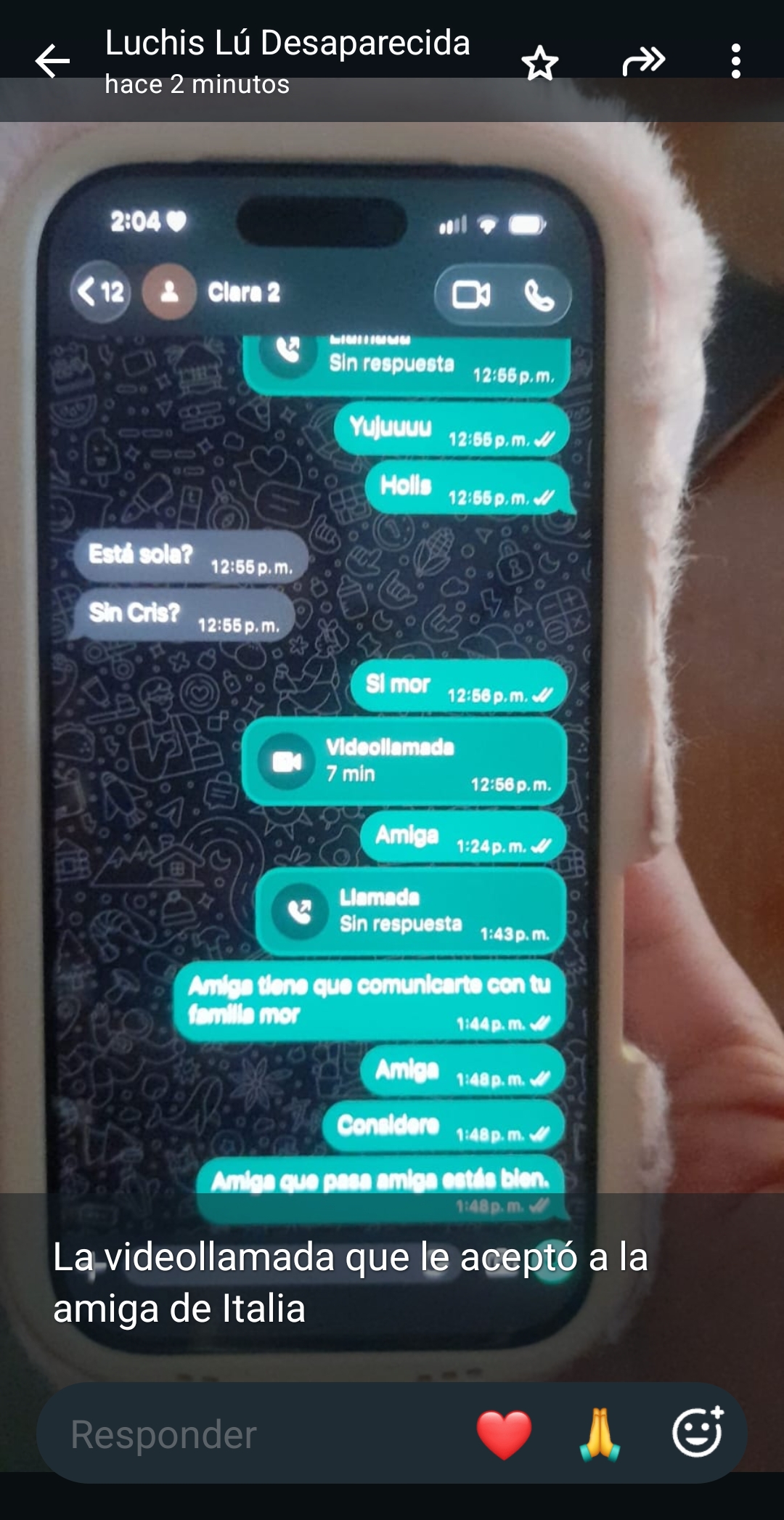 Captura familiar de WhatsApp con registro de videollamada de siete minutos y mensajes posteriores