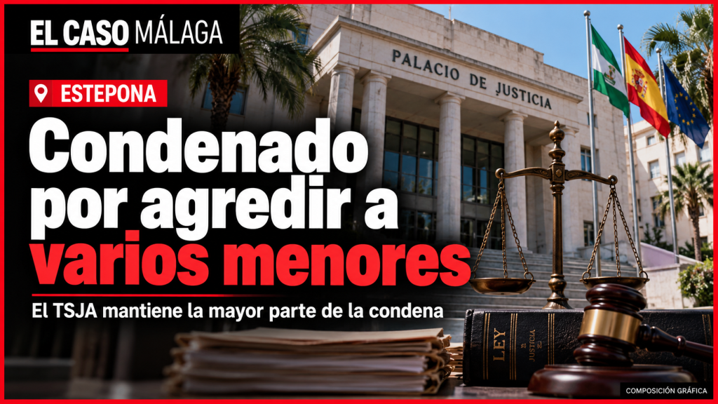Portada editorial de El Caso Málaga sobre la sentencia del TSJA por agresiones sexuales a cinco menores en una academia de Estepona. Composición gráfica.