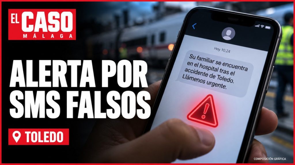 EL CASO MÁLAGA: aviso sobre SMS falsos dirigidos a familiares del accidente de Urda. Mensaje ilustrativo, COMPOSICIÓN GRÁFICA.