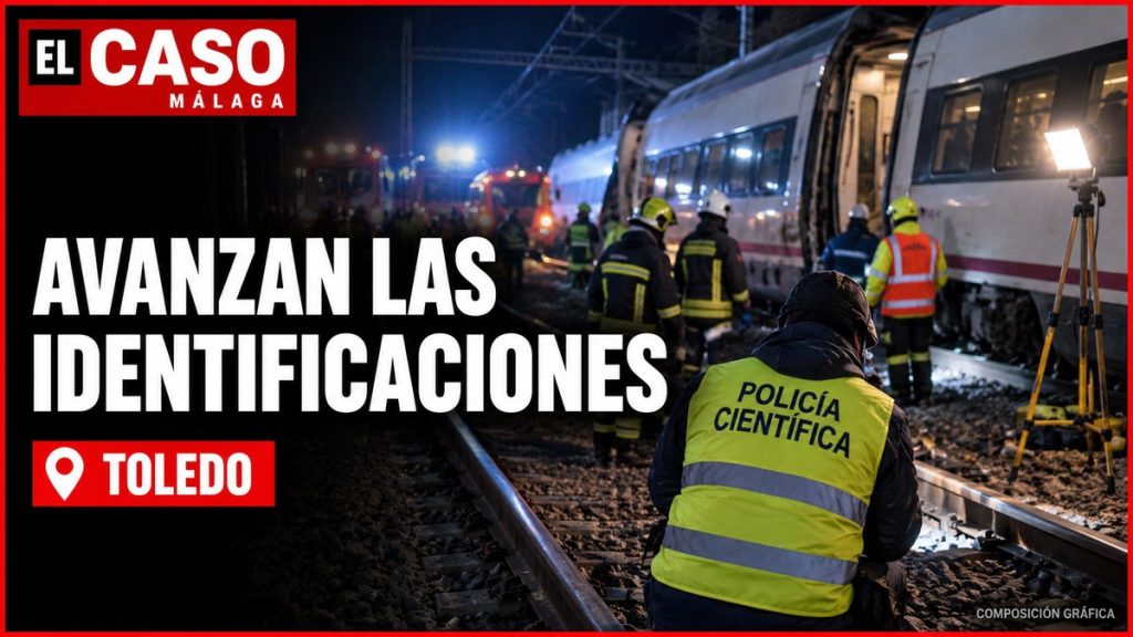Portada editorial de EL CASO MÁLAGA sobre la identificación de víctimas del accidente ferroviario de Urda (Toledo). Composición gráfica, no fotografía documental.