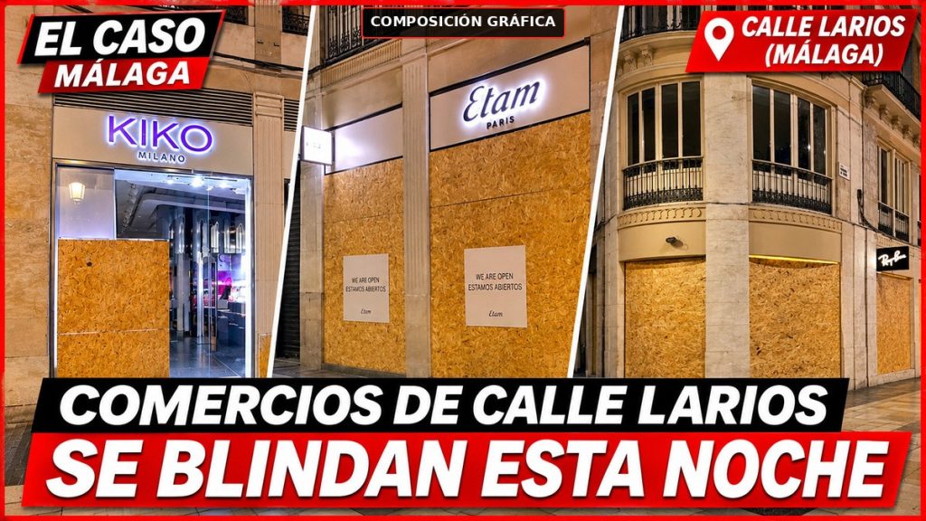 Portada editorial de EL CASO MÁLAGA: tres establecimientos de calle Larios muestran sus escaparates protegidos con tablones ante los llamamientos a saqueos investigados. Composición gráfica a partir de imágenes facilitadas.