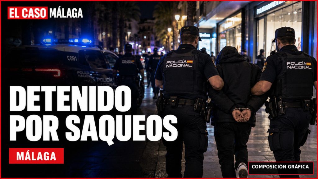 Portada editorial EL CASO MÁLAGA: detenido por supuestos llamamientos a saqueos en Halloween en Málaga. COMPOSICIÓN GRÁFICA; escena recreada, no fotografía real del arresto.