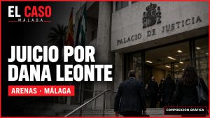 Portada editorial EL CASO MÁLAGA: juicio por la muerte de Dana Leonte, Arenas (Málaga). COMPOSICIÓN GRÁFICA; edificio y personas recreados, no fotografía real del juicio.