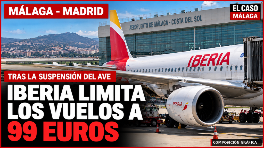 Portada editorial de EL CASO MÁLAGA sobre el límite de 99 euros de Iberia en los vuelos Málaga-Madrid tras la suspensión del AVE. Composición gráfica.