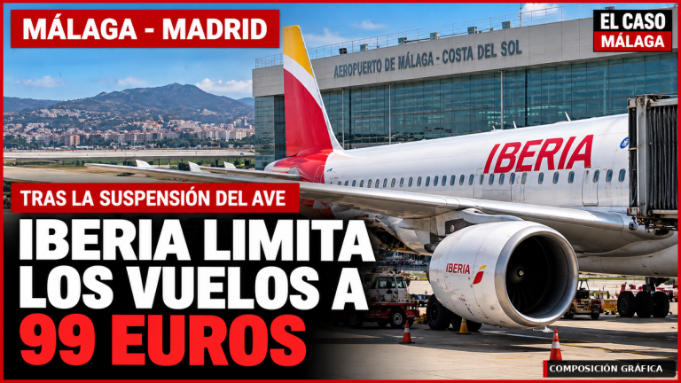 Portada editorial de EL CASO MÁLAGA sobre el límite de 99 euros de Iberia en los vuelos Málaga-Madrid tras la suspensión del AVE. Composición gráfica.