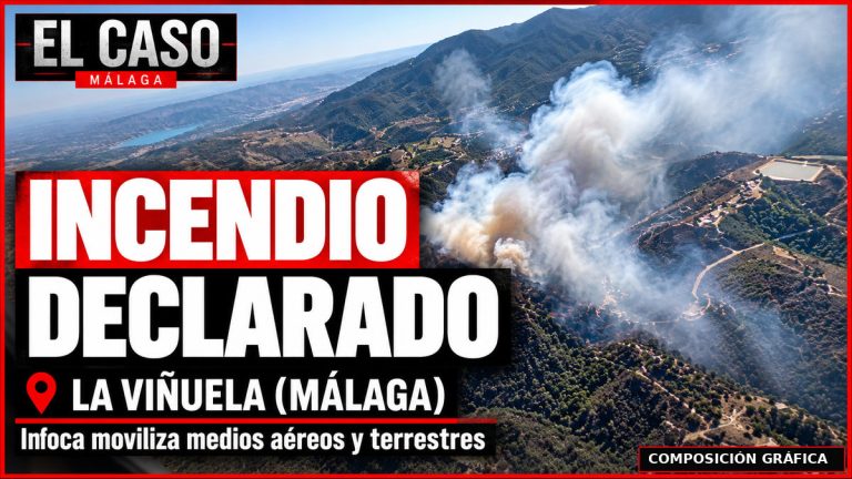 Portada editorial EL CASO MÁLAGA: incendio forestal declarado en La Viñuela. Imagen recreada y rotulada como COMPOSICIÓN GRÁFICA.