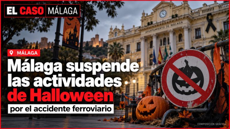Portada editorial de EL CASO MÁLAGA sobre la suspensión de las actividades municipales de Halloween por el accidente ferroviario en Toledo. Composición gráfica.