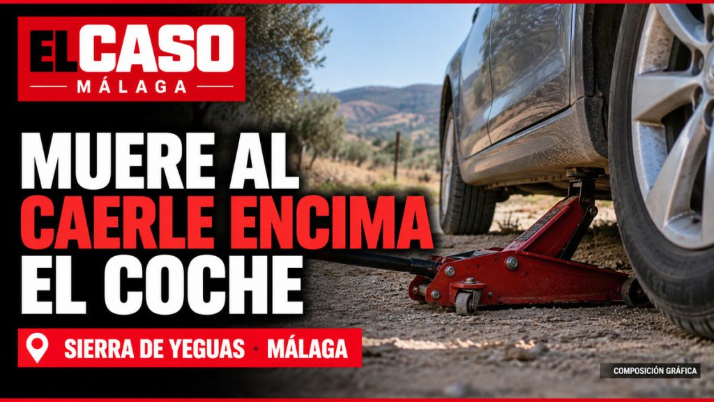 Portada editorial de El Caso Málaga sobre el accidente mortal de Sierra de Yeguas. Imagen de composición gráfica de un coche elevado con un gato.