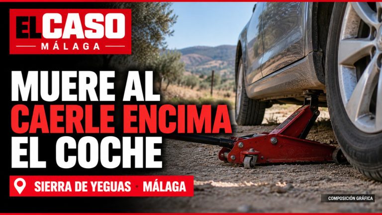 Portada editorial de El Caso Málaga sobre el accidente mortal de Sierra de Yeguas. Imagen de composición gráfica de un coche elevado con un gato.