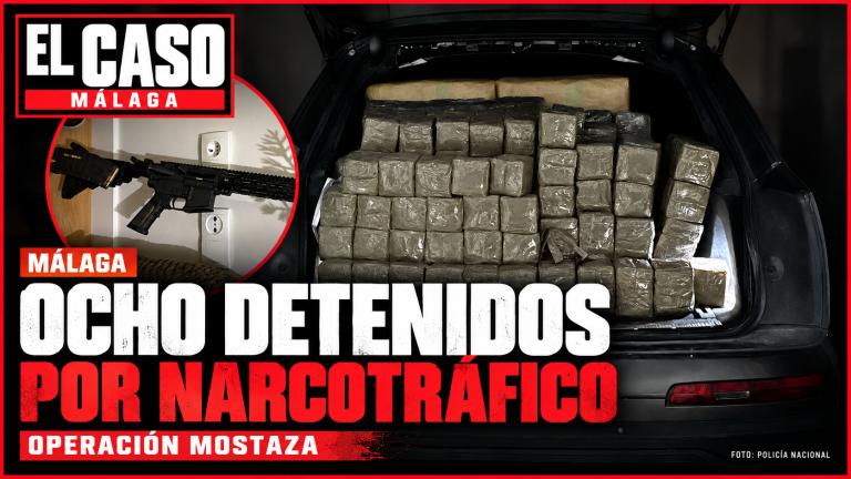 Portada de EL CASO MÁLAGA sobre la operación Mostaza, con fotografía oficial de la droga intervenida y un arma requisada; ocho detenidos por narcotráfico.