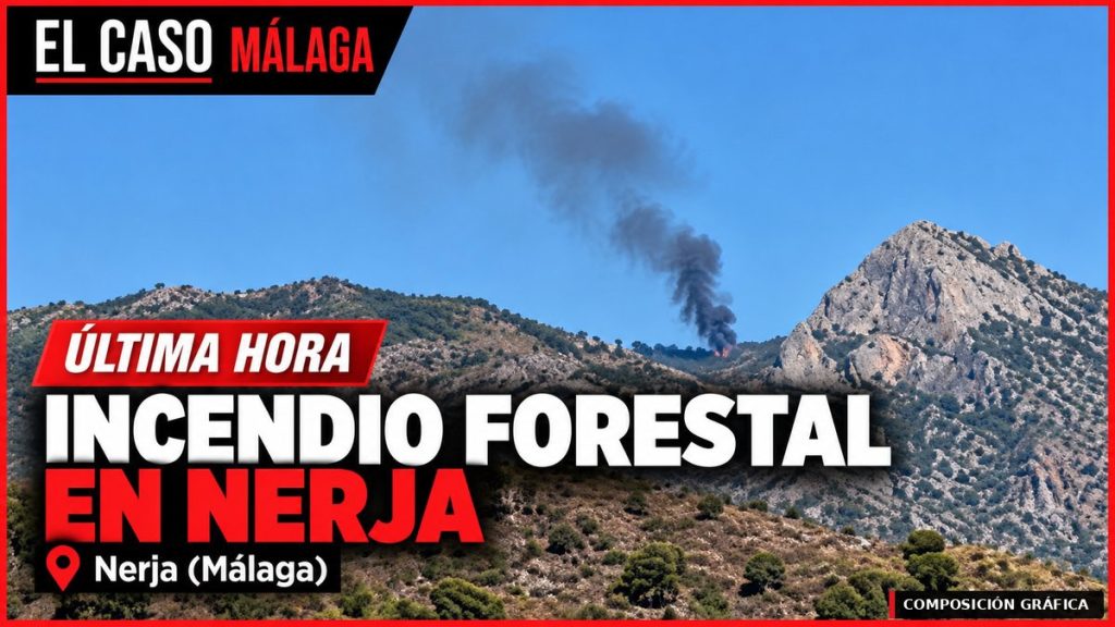 Portada editorial de EL CASO MÁLAGA: incendio forestal declarado en Nerja el 28 de octubre de 2026; composición gráfica.